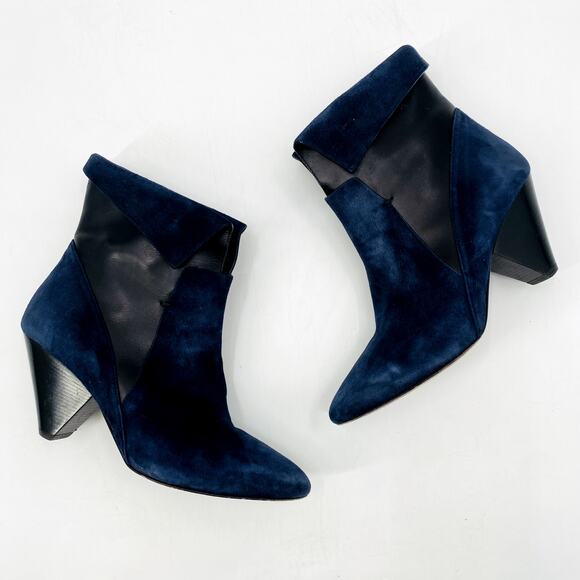 Veronica Beard Navy Suede Fold over Heel Ankle Boots